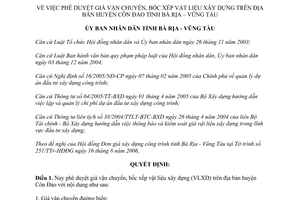Quyết định 2666/2006/QĐ-UBND giá vận chuyển bốc xếp vật liệu xây dựng Côn Đảo Bà Rịa - Vũng Tàu