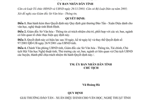 Quyết định 95/2006/QĐ-UBND giải thưởng Đào Tấn Xuân Diệu tỉnh Bình Định