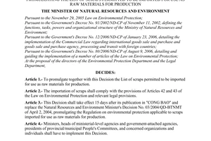Decision No. 12/2006/QD-BTNMT of September 08, 2006, promulgating the list of scraps permitted to be imported for use as raw materials for production