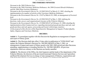 Decision No. 15/2006/QD-BTS of September 08, 2006, promulgating the regulation on management of import and export of fishery goods