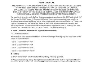 Joint circular No. 10/2006/TTLT-BLDTBXH-BYT of September 12, 2006, amending and supplementing point 2, item ii of the joint circular no. 10/1999/TTLT-BLDTBXH-BYT dated 17/3/1999 of Ministry of Labour, invalids and social affairs and Ministry of Health guiding the implemetation of the regime of allowances in kind to employees exposed to dangerous and hazardous working conditions