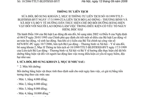 Thông tư liên tịch 10/2006/TTLT-BLĐTBXH-BYT sửa đổi khoản 2 Mục II TTLT 10/1999/TTLT-BLĐTBXH-BYT bồi dường người lao động có yếu tố nguy hiểm độc hại