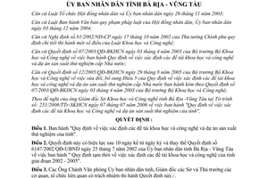 Quyết định 2719/2006/QĐ-UBND xác định đề tài khoa học công nghệ Bà Rịa