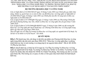 Quyết định 2026/QĐ-BKHCN mục tiêu,nội dung Chương trình KHCN trọng điểm cấp nhà nước 2006-2010 phòng tránh thiên tai,môi trường,tài nguyên thiên nhiên