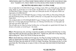 Quyết định 2021/QĐ-BKHCN mục tiêu, nội dung dự kiến sản phẩm KHCN trọng điểm cấp nhà nước 2006-2010 ứng dụng công nghệ tự động hóa