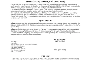 Quyết định 2022/QĐ-BKHCN mục tiêu, nội dung Chương trình khoa học công nghệ trọng điểm cấp nhà nước 2006-2010 ứng dụng công nghệ sinh học