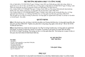 Quyết định 2023/QĐ-BKHCN mục tiêu, nội dung Chương trình khoa học công nghệ trọng điểm cấp nhà nước 2006-2010 ứng dụng công nghệ cơ khí chế tạo