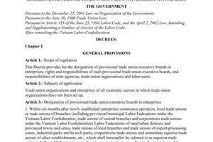 Decree of Government No. 96/2006/ND-CP of September 14, 2006 guiding the implementation of article 153 of the labor code regarding provisional trade union executive boards in enterprises