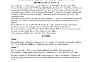 Decision No. 49/2006/QD-BTC of the Ministry of Finance, 
on promulgating import tax rates of a number of commodity items under heading No. 2710 in the preferential import tariff
