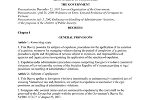 Decree of Government No. 97/2006/ND-CP of September 15, 2006 providing for the application of the sanction of expulsion under administrative procedures