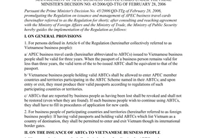 Circular No. 10/2006/TT-BCA of September 18, 2006 guiding the implementation of the regulation on issuance and management of APEC business travel cards under The Prime Minister's Decision No. 45/2006/QD-TTg of February 28, 2006