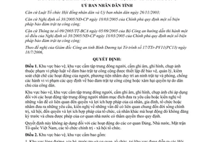 Quyết định 221/2006/QĐ-UBND khu vực bảo vệ cấm tập trung đông người Bình Dương