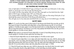 Quyết định 29/2006/QĐ-BTM  ủy quyền BQL khu kinh tế Vân phong Khánh hòa quản lý hoạt động xuất nhập khẩu thương mại DN có vốn đầu tư nước ngoài