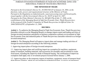 Decision No. 28/2006/QD-BTM of September 19, 2006 authorizing the managing board of Nghi Son economic zone, Thanh Hoa province, to manage import-export and trading activities of foreign-invested enterprises in Nghi Son economic zone and industrial parks of Thanh Hoa province
