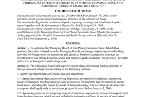Decision No. 29/2006/QD-BTM of September 19, 2006 authorizing the managing board of Van Phong economic zone, Khanh Hoa province, to manage import-export and trading activities of foreign-invested enterprises in Van Phong economic zone and industrial parks of Khanh Hoa province