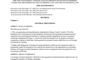 Decree of Government No.101/2006/ND-CP of September 21, 2006 providing for the re-registration, transformation, and registration for new investment certificates of foreign-invested enterprises under the provisions of The Enterprise Law and The Investment Law