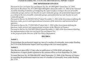 Decision No.51/2006/QD-BTC of September 22, 2006 on promulgating import tax rates of a number of commodity items under heading no. 2710 in The Breferential import tariff