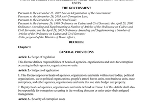Decree of Government No. 107/2006/ND-CP of September 22, 2006 defining responsibilities of heads of agencies, organizations and units for corruption occurring in their agencies, organizations or units