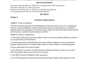 Decree of Government No. 103/2006/ND-CP of September 22, 2006 detailing and guiding the implementation of a number of articles of The Law on Intellectual Property regarding industrial property