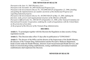 Decision No. 30/2006/QD-BYT of September 30, 2006, promulgating the regulation on data security of drug registration records