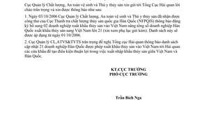 Công văn 2340/CLTY-CL danh sách Doanh nghiệp Hàn Quốc xuất khẩu thủy sản vào Việt Nam