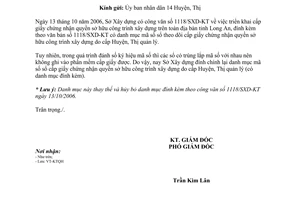 Công văn 1126/SXD-KT điều chỉnh mã số sổ theo dõi cấp giấy chứng nhận