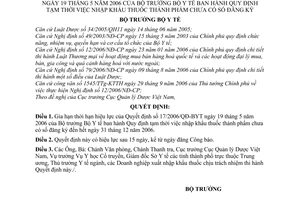 Quyết định 31/2006/QĐ-BYT gia hạn thời hạn hiệu lực 17/2006/QĐ-BYT nhập khẩu thuốc thành phẩm chưa có số đăng ký