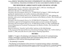 Decision No. 07/2006/QD-BLDTBXH of October 02, 2006 approving the planning on development of the network of vocational training colleges, intermediate vocational schools and vocational training centers up to 2010 and orientations to 2020