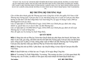 Quyết định 31/2006/QĐ-BTM quy tắc xuất xứ 40 mặt hàng nông sản hưởng ưu đãi thuế nhập khẩu 0% thỏa thuận giữa Bộ Thương mại Việt Nam-Campuchia