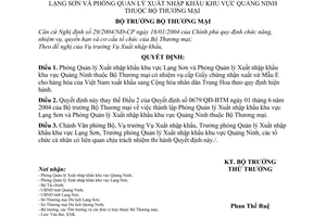 Quyết định 1610/2006/QĐ-BTM  bổ sung nhiệm vụ Phòng Quản lý XNK khu vực Lạng Sơn,QuảngNinh