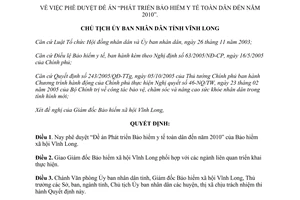Quyết định 1980/QĐ-UBND năm 2006 Đề án Phát triển Bảo hiểm y tế toàn dân đến 2010 Vĩnh Long