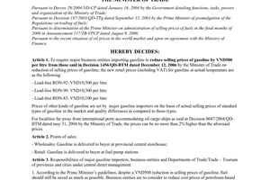 Decision No. 1635/QD-BTM of October 06, 2006, reducing selling prices of gasoline