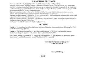 Decision No. 54/2006/QD-BTC of October 06, 2006, promulgating the import duty rates of a number of commodity items of heading 2710 of the preferential import tariff