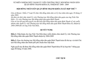 Nghị quyết 41/2006/NQ-HĐND miễn nhiệm chức danh ủy viên thường trực hội đồng nhân dân quận Bình Thạnh khóa IX, nhiệm kỳ 2004 - 2009