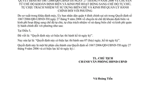 Quyết định 1124/QĐĐC-UBND chế độ khoán sang tự chủ, tự chịu trách nhiệm sử dụng biên chế,kinh phí quản lý hành chính đính chính 1067/2006/QĐ-UBND-TH
