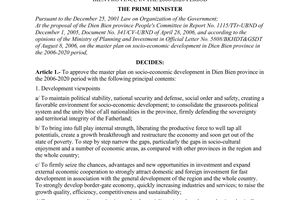 Decision No. 230/2006/QD-TTg of October 13, 2006 approving the master plan on socio-economic development in Dien Bien province in the 2006-2020 period