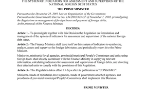 Decision No. 231/2006/QD-TTg of October 16, 2006, promulgating the regulation on formulation and management of the system of indicators for assessment and supervision of the national foreign debt status