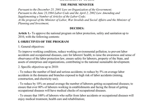 Decision No. 233/2006/QD-TTg of October 18, 2006 approving the national program on labor protection, safety and sanitation up to 2010