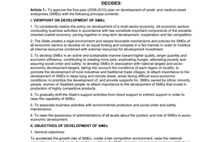 Decision No. 236/2006/QD-TTg of October 23, 2006 approving the five-year (2006-2010) plan on development of small- and medium-sized enterprises