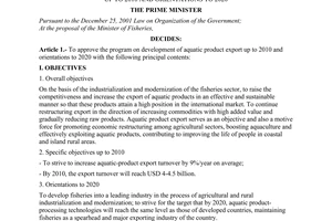 Decision No.242/2006/QD-TTg of October 25, 2006 approving the program on development of aquatic product export up to 2010 and orientations to 2020