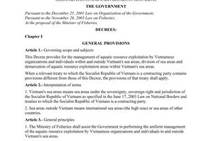 Decree of Government No. 123/2006/ND-CP of October 27, 2006 on management of aquatic resource exploitation by Vietnamese Organizations and Individuals in sea areas