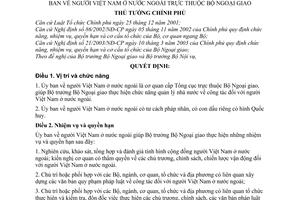 Quyết định 243/2006/QĐ-TTg chức năng, nhiệm vụ, quyền hạn cơ cấu tổ chức Ủy ban người Việt Nam ở nước ngoài thuộc Bộ Ngoại Giao
