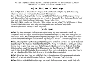 Quyết định 34/2006/QĐ-BTM nhập khẩu hạn ngạch thuế quan hàng xuất xứ Campuchia thuế suất nhập khẩu 0%