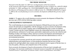 Decision No.251/2006/QD-TTg of October 31, 2006 approving the overall planning on socio-economic development of Khanh Hoa province up to 2020