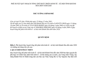 Quyết định 251/2006/QĐ-TTg Quy hoạch tổng thể phát triển kinh tế-xã hội tỉnh Khánh Hòa đến 2020