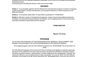 Decision No. 263/2006/QD-TTg of November 15, 2006 promulgating the Government's Program of action for stepping up the reorganization, renewal, development, and raising the efficiency of state enterprises in the 2006-2010 period