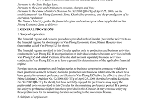 Circular No. 105/2006/TT-BTC of November 15, 2006 guiding the financial regime and customs procedures applicable to Van Phong economic zone, Khanh Hoa province