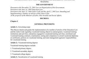 Decree of Government No. 139/2006/ND-CP of November 20, 2006 detailing and guiding the implementation of a number of articles of the education law and the labor code regarding vocational training