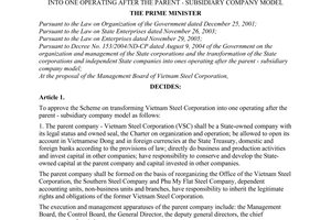 Decision No. 266/2006/QD-TTg of November 23, 2006 approving the scheme on transforming vietnam steel corporation into one operating after the parent - subsidiary company model