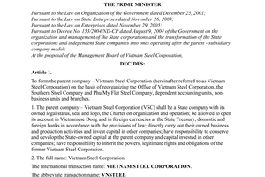 Decision No. 267/2006/QD-TTg of November 23, 2006 on forming the parent company Vietnam steel corporation